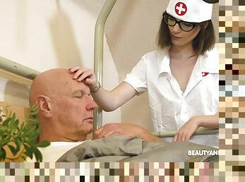 Slutty nerdy teen nurse Sara Bell rides her patient's old dick