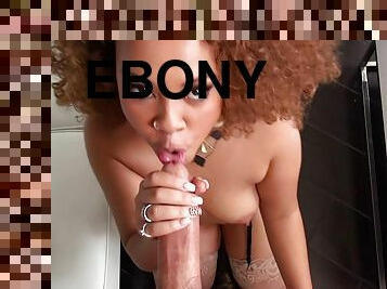 Curly haired buxom ebony babe waits for cum on her prety face