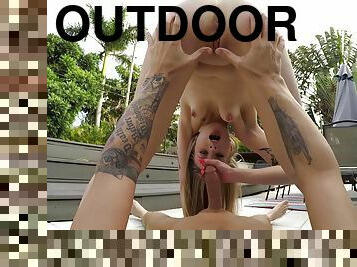 Paris White rides and blows a big dick outdoors by the pool