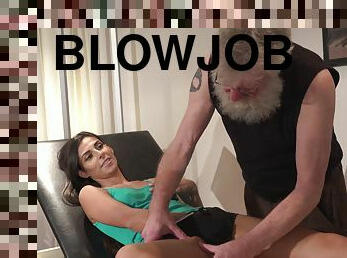 Sporty Latina teen Kara Mynor gives an old guy a sloppy blowjob