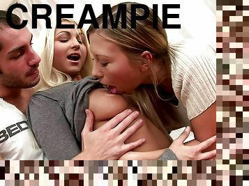 Blonde anal sluts Jessy Brown and Lioness get creampied in a threesome