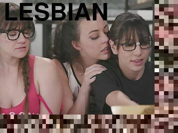 okuliare, lesbické, teenagerské, trojka, bifľošské