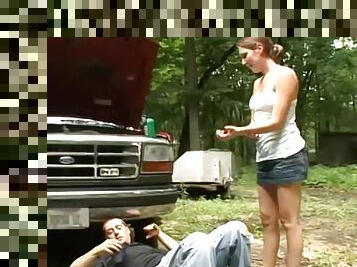 Cute big tit girlfriend  distract her boyfriend from working on his truck!