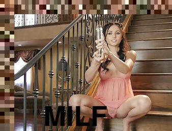 Solo MILF brunette bombshell model Ariana Marie masturbates on stairs