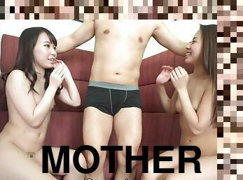 JAV mothers FFM threesome double blowjob with Subtitles