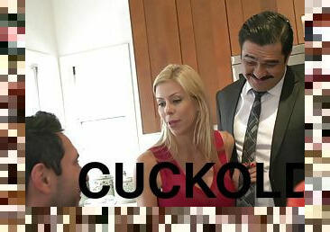 Alexis Fawx cuckolds her man and fucks and swallows cum in the kitchen