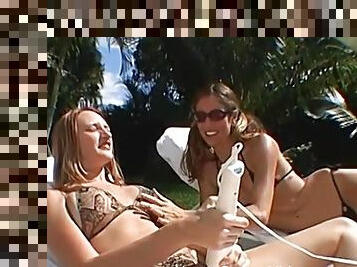 Hardcore outdoor threesome with two mature brunette MILF babes