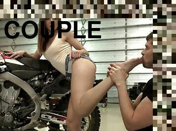 Biker babe Sybil gets her delicate feet covered in sticky cum