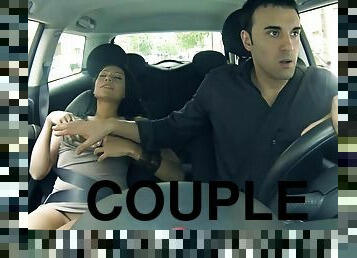Lara Tinelli squirts in the passenger seat and makes a mess in a Mini