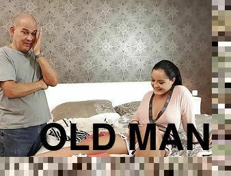 Beautiful chick and old man unite naked bodies in bedroom