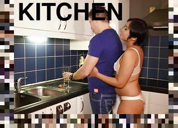 Cute chick Monika agrees to fuck with him in the kitchen