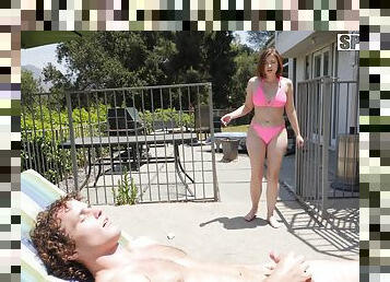Young Aria Skye gets to please his hard pecker by the pool
