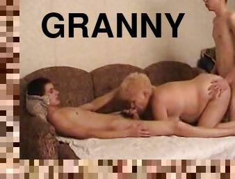 Short hair granny giving dick blowjob while fucked in mmf