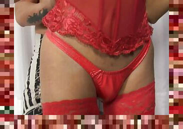 Yasmin Rios is a shemale in red stockings ready to be plowed