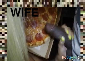 Pizza delivery guy feeds my wife some cum