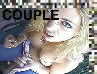 Sexy blonde with blue eyes and small tits gives a great handjob outside
