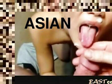 Cute asian sucks white guys dick and takes facial