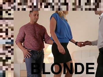 Two businessmen undress and fuck hard lascivious blonde Christen