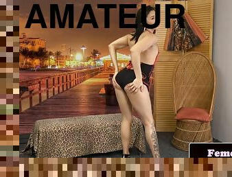 Seductive trans amateur wanks after stripping