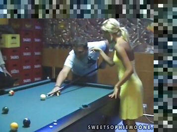 Hot Sophie Moone relax in a bar playing billiard with a guy