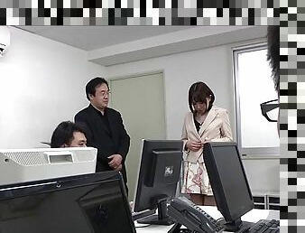 Salacious Japanese office girl enjoys a hot threesome at work