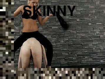 Glamorous skinny dame spanking her guy in femdom BDSM