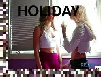 Two hot college babes celebrating holiday licking each other