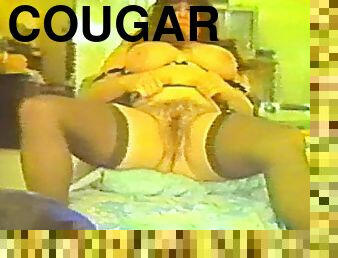 Cougar in stockings smashing her tight pussy using massive toy in retro shoot