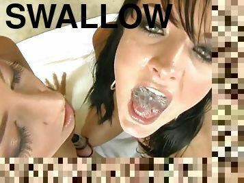 Devoted dames sucking their dudes cock passionately before swallowing cum in their mouth in POV