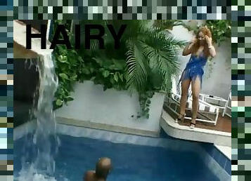 Brilliant redhead dame with long hair enjoying her hairy pussy being licked at the pool outdoor