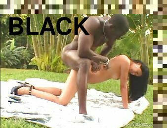 Sexy brunette chick gets fucked by a black dude in the garden