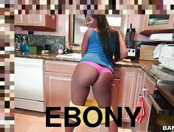 Ebony with black butt in a thong yelling as her pussy is penetrated hardcore in the kitchen