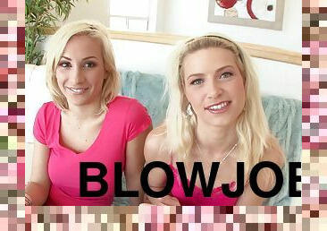 Captivating blonde pornstar awarding her guy with blowjob in threesome sex