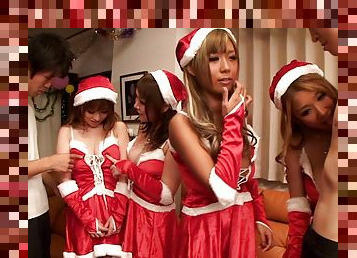 Cock-riding contest group sex scene with Asian Santa girls