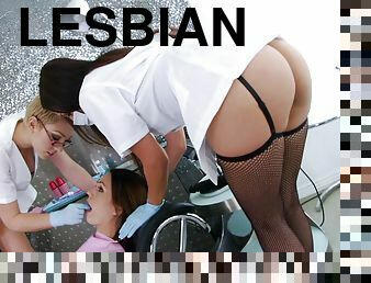 Affectionate lesbian nurse in uniform enjoying her asshole being licked