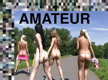 Fanciful amateur lesbian teens with nice asses and long hair having fun skating in a hot outdoor action