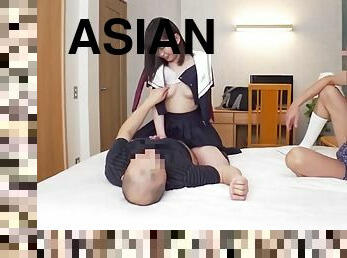 Asian girlfriend in uniform blowjob