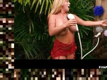 Slutty Samantha Lee pleasuring Castro Supreme's boner on her knees