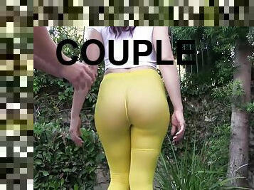 Babe in yellow tights teases a fellow before a great fuck