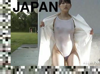 Rino Yoshihara pulls her swimsuit aside to get her Japanese vag banged
