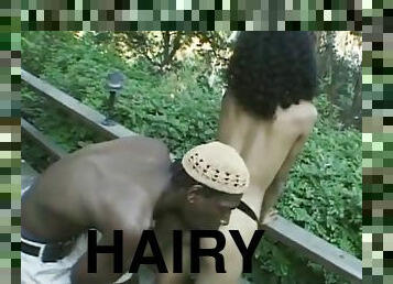 Honey Dip gets her hairy black pussy licked and fucked outdoors