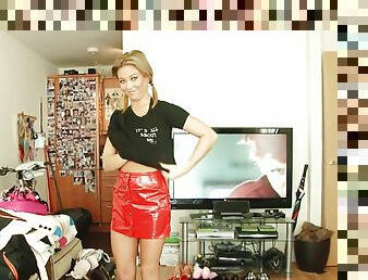 Blonde cutie in mini skirt gets ready before filming