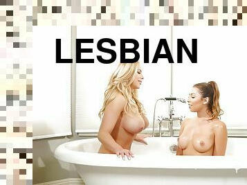 Big tits lesbian with long hair taking bath with her babe