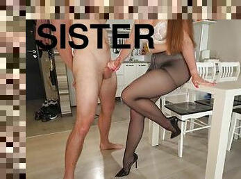 Stepsister in White Lingerie and Black Pantyhose Handjob