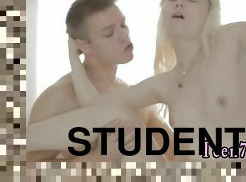 A blonde student and a man masturbate several times