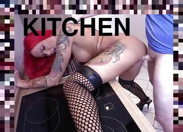 Massive cumshot on a sex date with a real fan in the kitchen with a German redhead