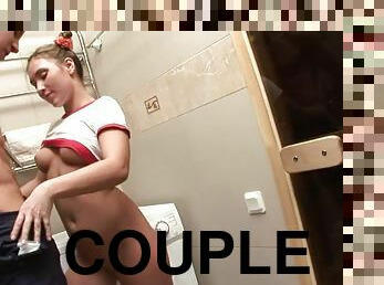 Olga Rides A Guy's Hard Cock In The Bathroom