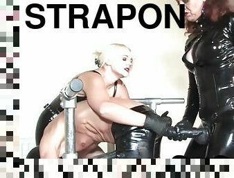 BDSM 3some strapon pegging with CFNM latex MILF dominas