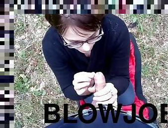 Forest blowjob with cum swallowing