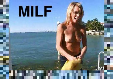 Blonde MILF with Small Tits Strips Outdoors and Sucks Cock